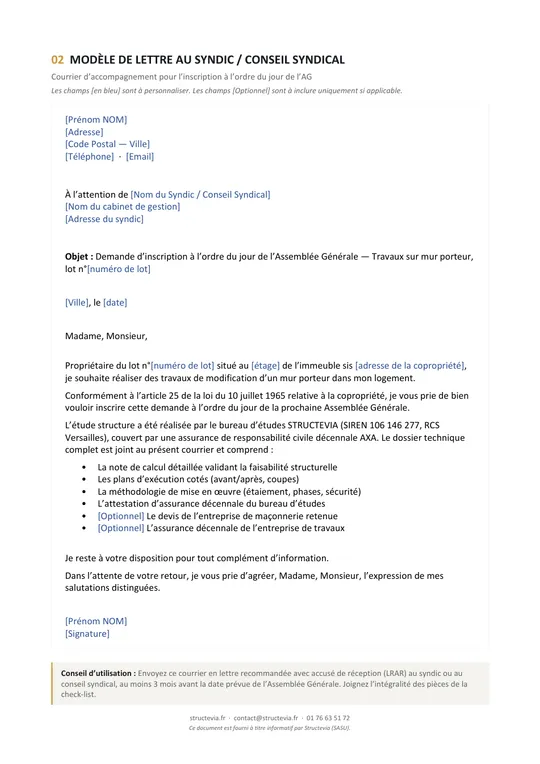 Aperçu du modèle de lettre au syndic inclus dans le kit