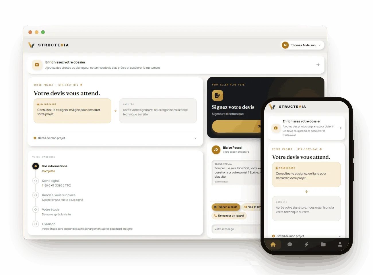 Interface STRUCTEVIA OS — espace client : suivi de devis, signature en ligne et messagerie ingénieur, sur ordinateur et mobile