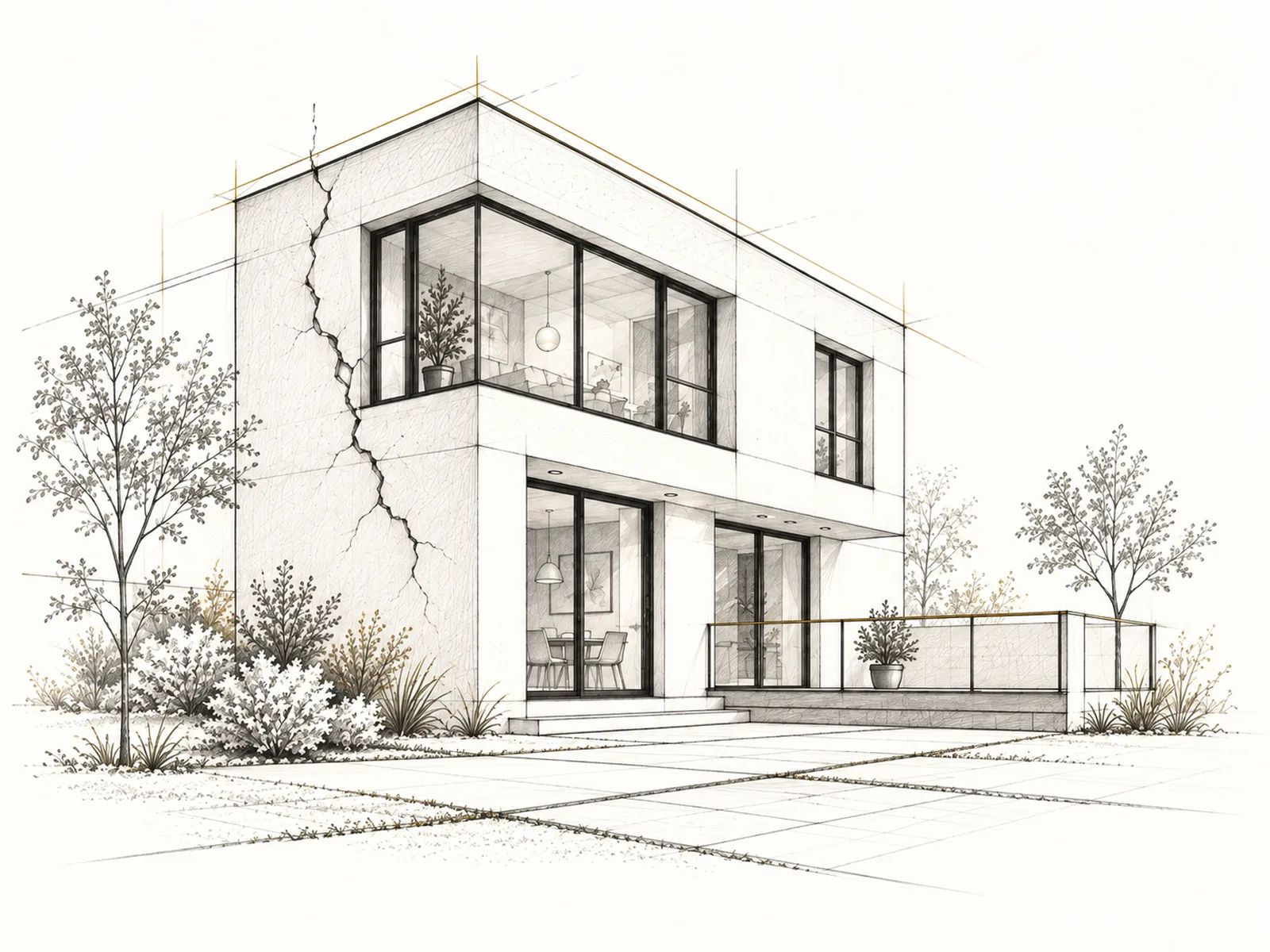 Illustration architecturale d'une maison contemporaine présentant une fissure sur la façade